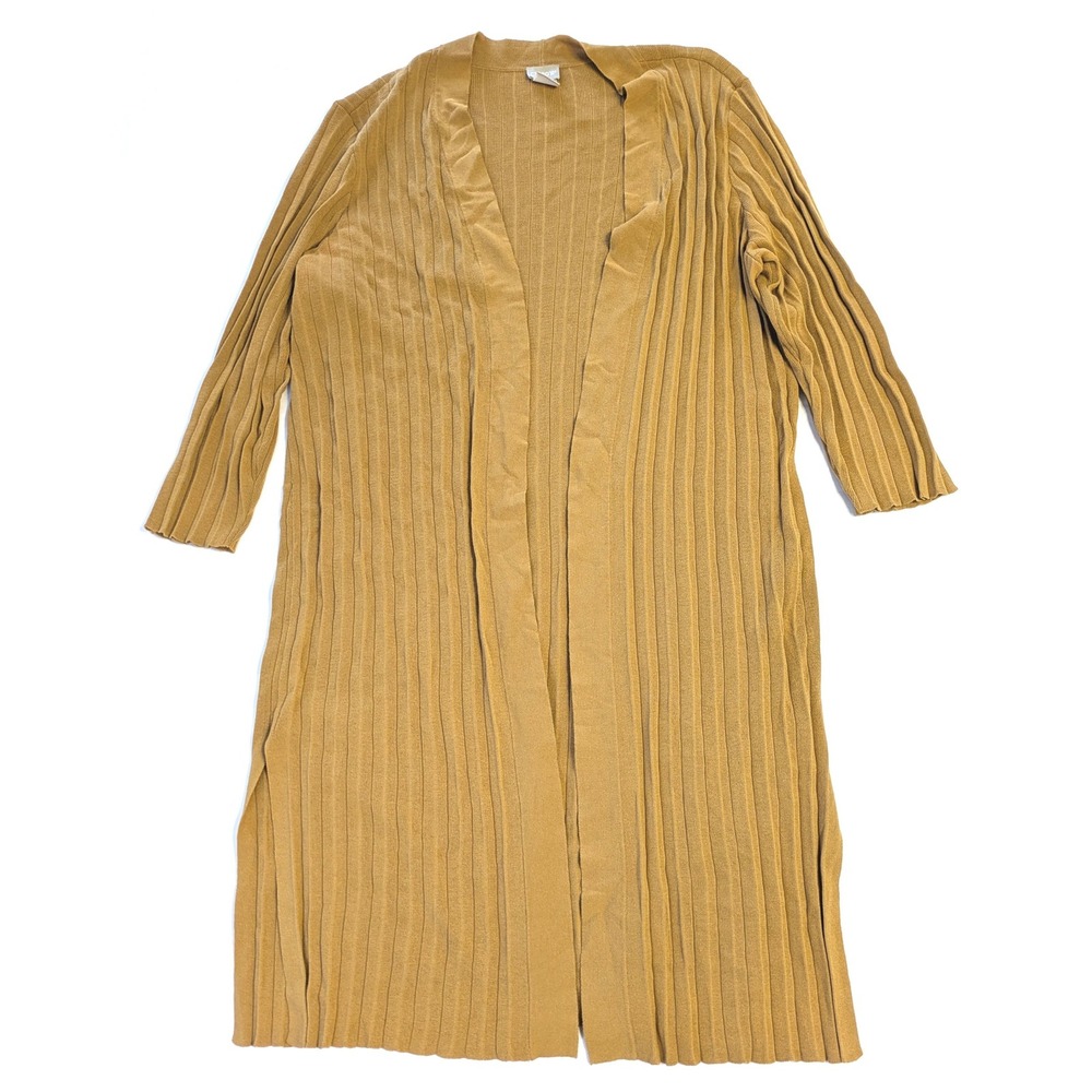 Chicos Ribbed Longline Cardigan Sweater Mustard Yellow Tan Size 2 L Open Front